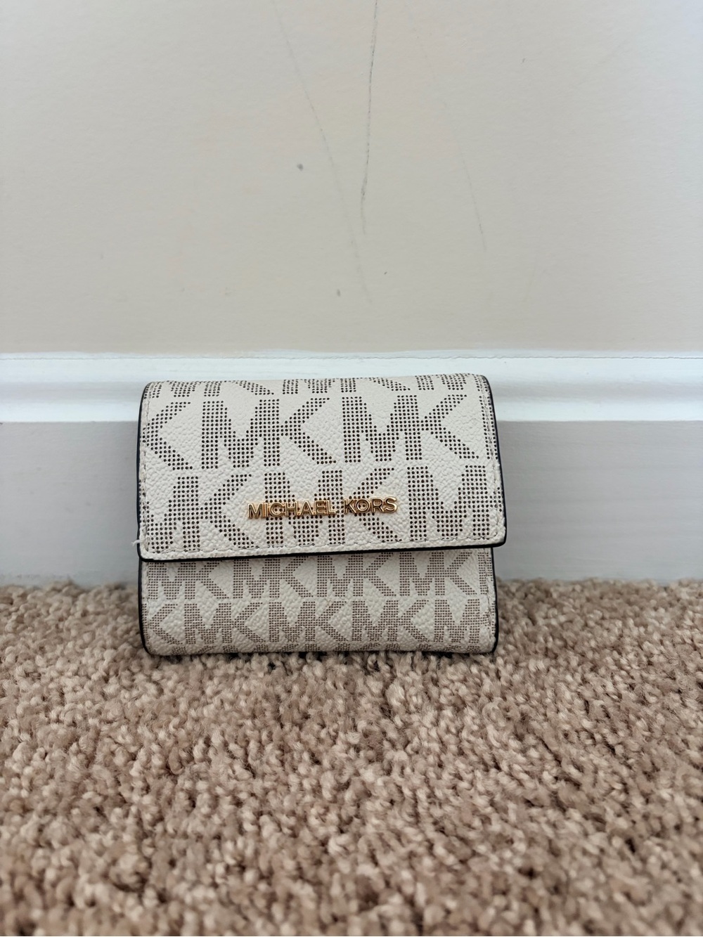 Michael Kors Cream and Light Brown MK Logo Compact Wallet